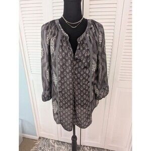 Jones New York Blouse Women's M Silky Long Sleeve Gray Paisley Panels Top Boho